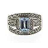 10kt Gold Emerald Cut Blue Topaz & Diamond Ring
