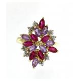 Pink Topaz-Amethyst & Diamond Waterfall Ring
