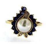 14kt Gold 7 mm Pearl-Sapphire & Diamond Ring