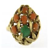 14kt Gold Vintage Natural Coral & Jade Ring