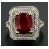 14kt Gold Cushion 6.57 ct Ruby & Diamond Ring