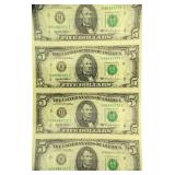 1995 Uncut Sheet (4) $5 Bank Notes