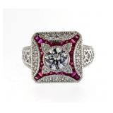 Antique Style Bezel Set White Topaz & Ruby Ring