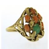 14kt Gold Vintage Natural Coral & Jade Ring