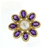 Elegant Pearl & Amethyst Vintage Style Ring