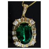 14kt Gold Oval 5.31 ct Emerald & Diamond Pendant