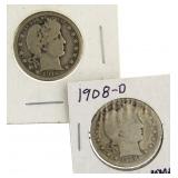 1908-D & 16-D Barber Silver Quarters