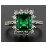 14kt Gold 3.01 ct Step Cut Emerald & Diamond Ring