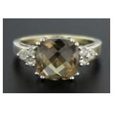 10kt Gold Cushion Cut Smoky Topaz & Diamond Ring