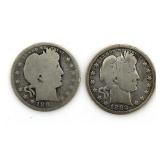 (2) 1892-S Barber Silver Quarters