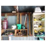 Contents of shelves & cabinet (misc. garden tools