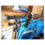 6 rods & reels w/ rack