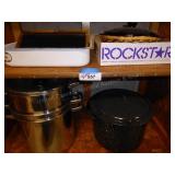 2 canning kettles & misc. dishes