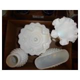 Hobnail milk glass dishes (candle holder signed Fe