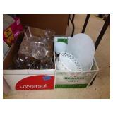 2 boxes dishes: milk glass & clear stemware
