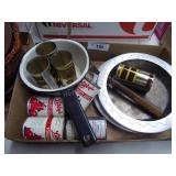 Vintage pie plate, cans, misc.