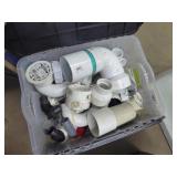 Plastic tote w/ misc. PVC fittings