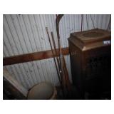 Bamboo fishing pole, hockey sticks & bats