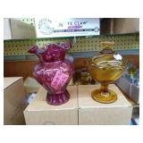 Fenton glass vase & covered candy dish