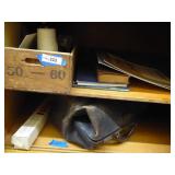 2 shelves vintage items: leather bag - books - mis 2 shelves vintage items: leather bag - books - mis