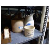 3 items: 2 crocks & 1 enamelware jug (jug chipped)