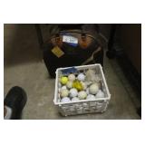 Bowling Ball Bag with Ball and crate of Golf Balls