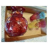 Hand painted cranberry pitcher w/ 4 glasses