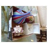 Ruffled doll, art glass covered egg & other