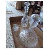 2 glass decanters & paper weight