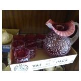 Cranberry art glass pitcher & glasses