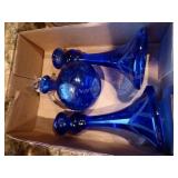 3 etched cobalt glass pieces