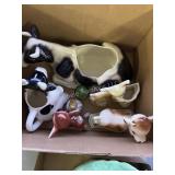 Box of Ceramic Cows, Deer and Empty Perfume Bottl