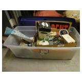 Tote of Assorted Hardware and Light Bulbs