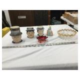 Ceramic Mugs, 2 Dishes and Figure