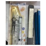 Lot of 2 woodworking books, 2 rulers, compass