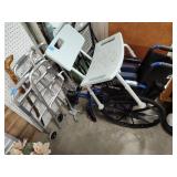 Wheelchair, 2 walkers, seat, and canes