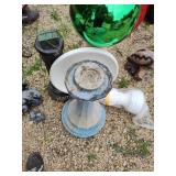 Gazing globe, 2 cement bases and plastic birdbath