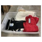 Tote with winter scarves and hats