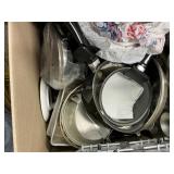 Box of Tfal cookware and assorted pots and pans
