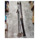 Pair of wood skis and poles