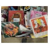 Box of paper products, table cloths and shelving