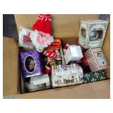 Box of Christmas decor and ornaments