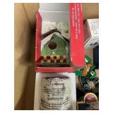 2 boxes of salt and pepper shakers, candle