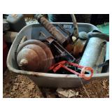 Tote with oil can and misc