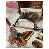 Stained glass, paper towel holder and chicken
