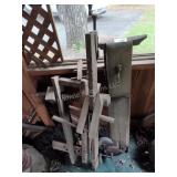 2 wood vises, clamps and grinding wheel