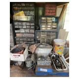 6 parts bins with contents and items in front of