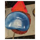 Tractor seat, pad and caution sign