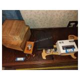 DVD player, car stereo, picture frames and boxes