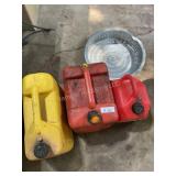 3 gas cans and oil drain pan
